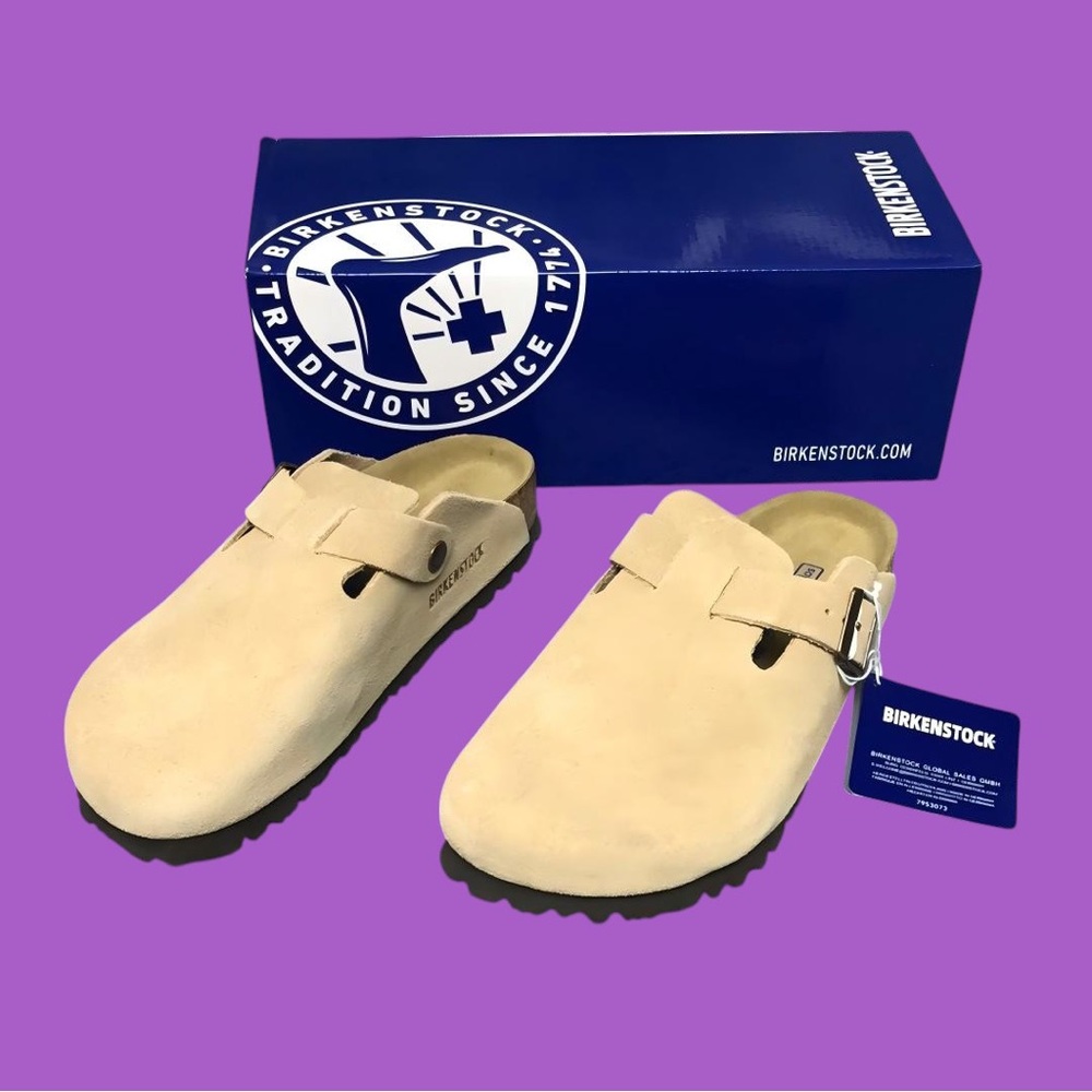 Birkenstock Boston Cream Suede Mules - Narrow Fit